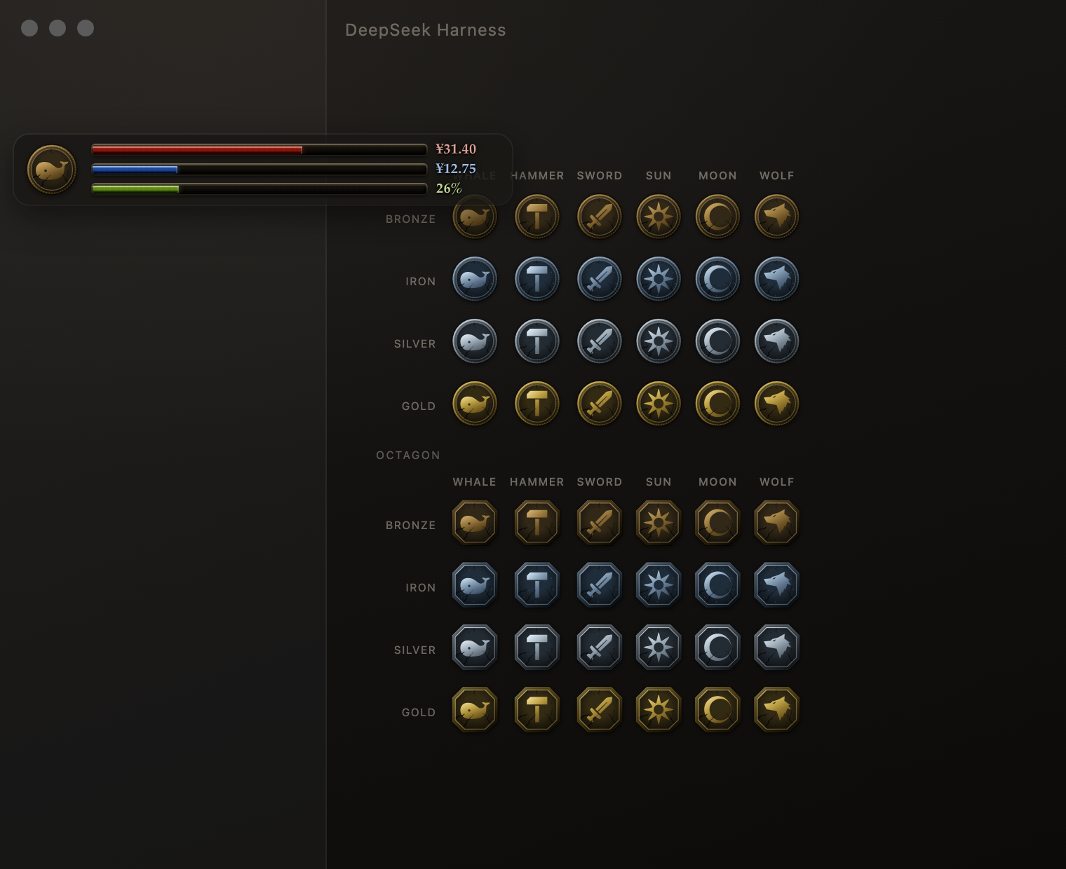 The medallion in dark mode — every device, every metal