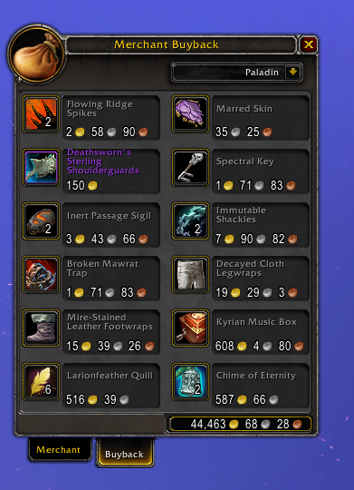 A screenshot showing that the "Sell Junk" button is hidden in the buyback tab