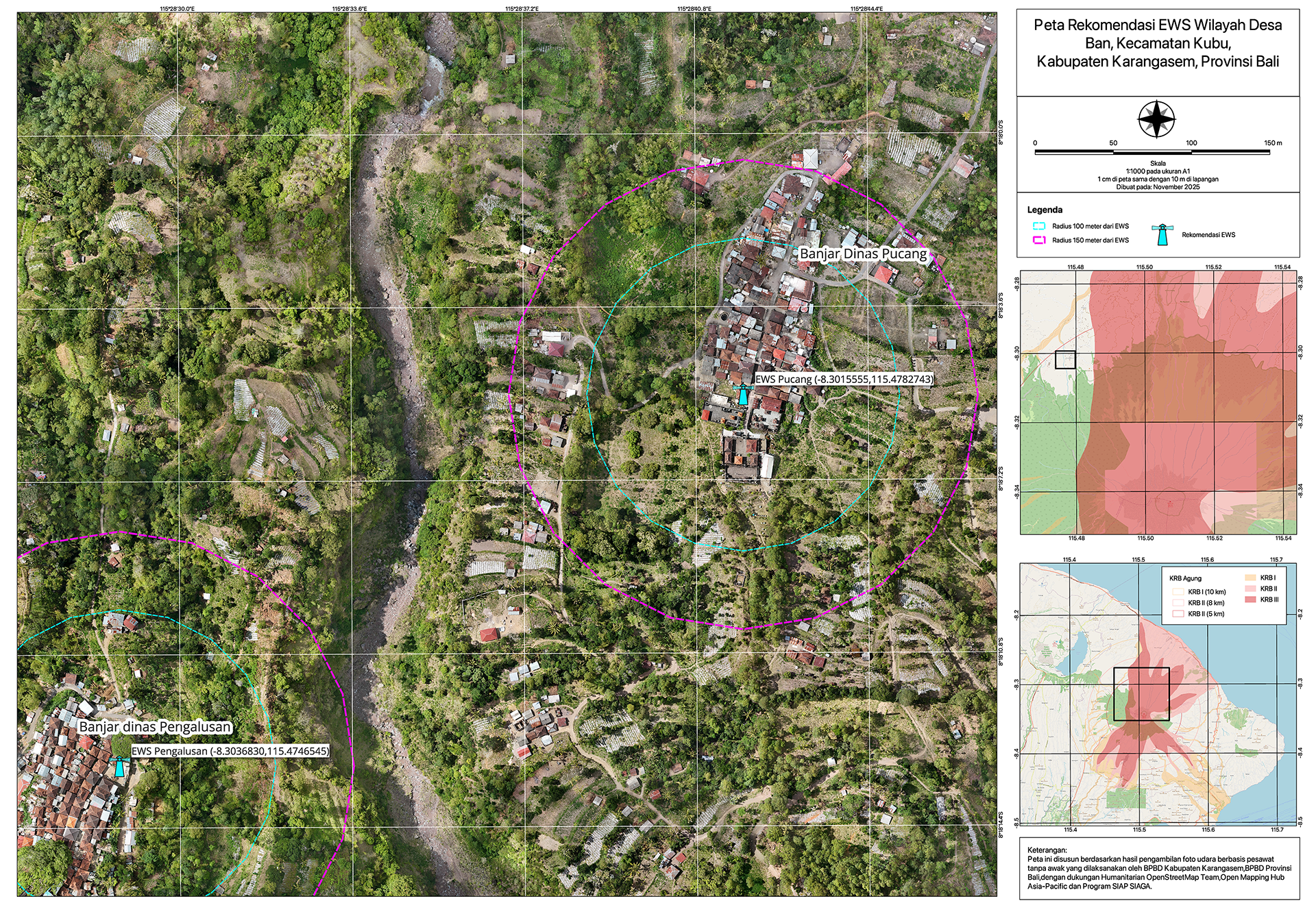 Map showing recommended potential locations for future early warning system installations in Ban Village, Karangasem. This map was created through collaboration between BPBD Karangasem and BPBD Bali, with support from HOT, AP Hub, and the SIAP SIAGA Program.