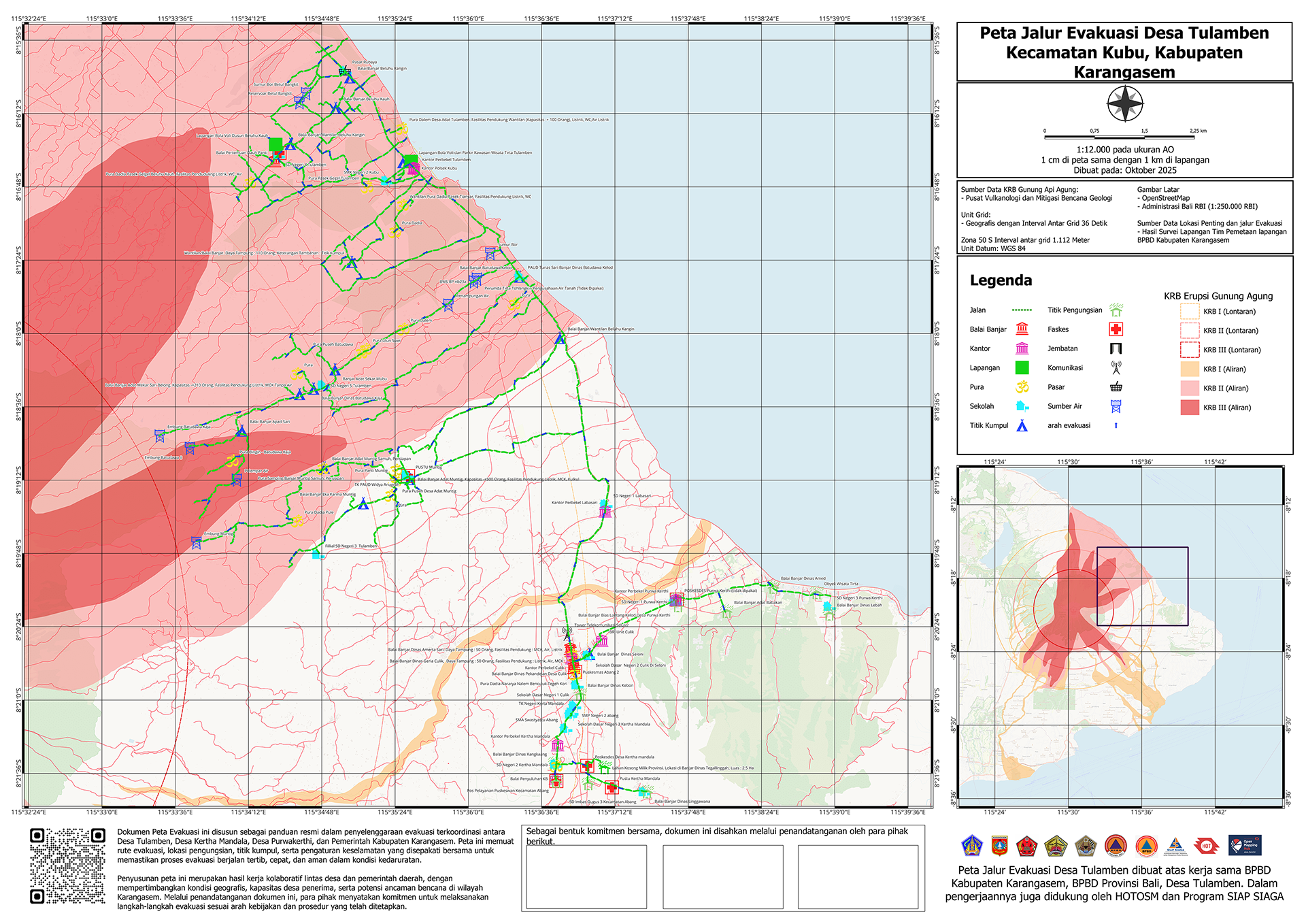 Evacuation map for Tulamben Village, created through collaboration between BPBD Karangasem, BPBD Bali, and Tulamben Village, with support from HOT, AP Hub, and the SIAP SIAGA Program