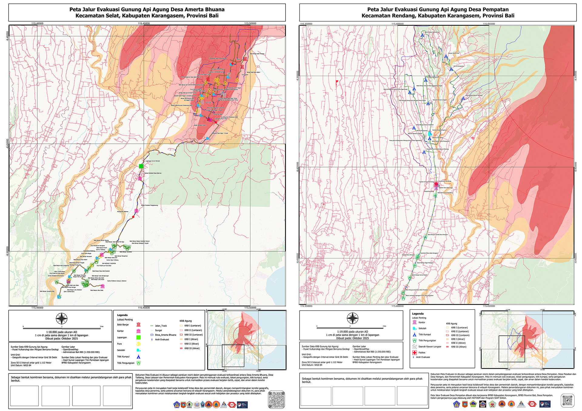 Evacuation map for Amerta Bhuana Village (left) and Pempatan Village (right), created through collaboration between BPBD Karangasem, BPBD Bali, and Amerta Bhuana Village or Pempatan Village, with support from HOT, AP Hub, and the SIAP SIAGA Program