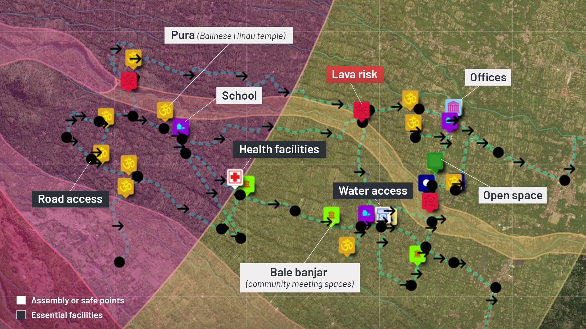 Through the digital map, communities can easily identify the different evacuation assembly points available, essential facilities, and risks, along with the direction to get to those points.