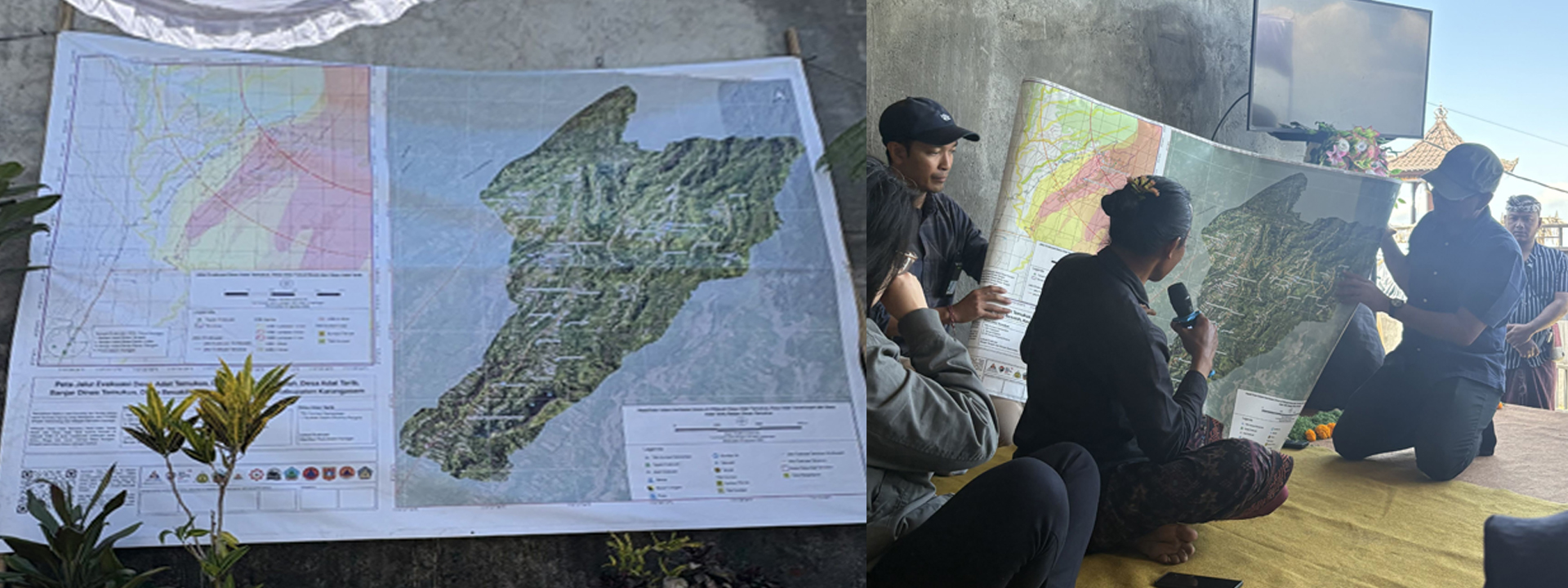 The village head of Temukus explains evacuation plans and routes using maps created with HOT’s E2E tools. Building on previous evacuation maps created for other villages, this newer map incorporates drone imagery to provide a more detailed view of the area. | Photo: Harry Mahardhika / Open Mapping Hub - Asia-Pacific