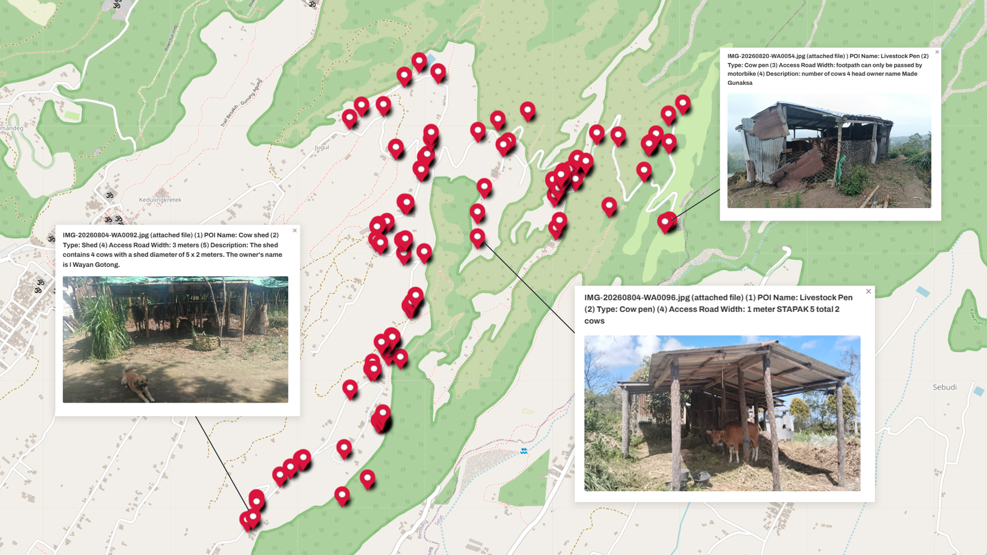 Cattle shelters in Temukus’ digital evacuation map. The map was created through collaboration between Temukus Customary Village, BPBD Karangasem, the SIAP SIAGA Program, GKG, and other partners.