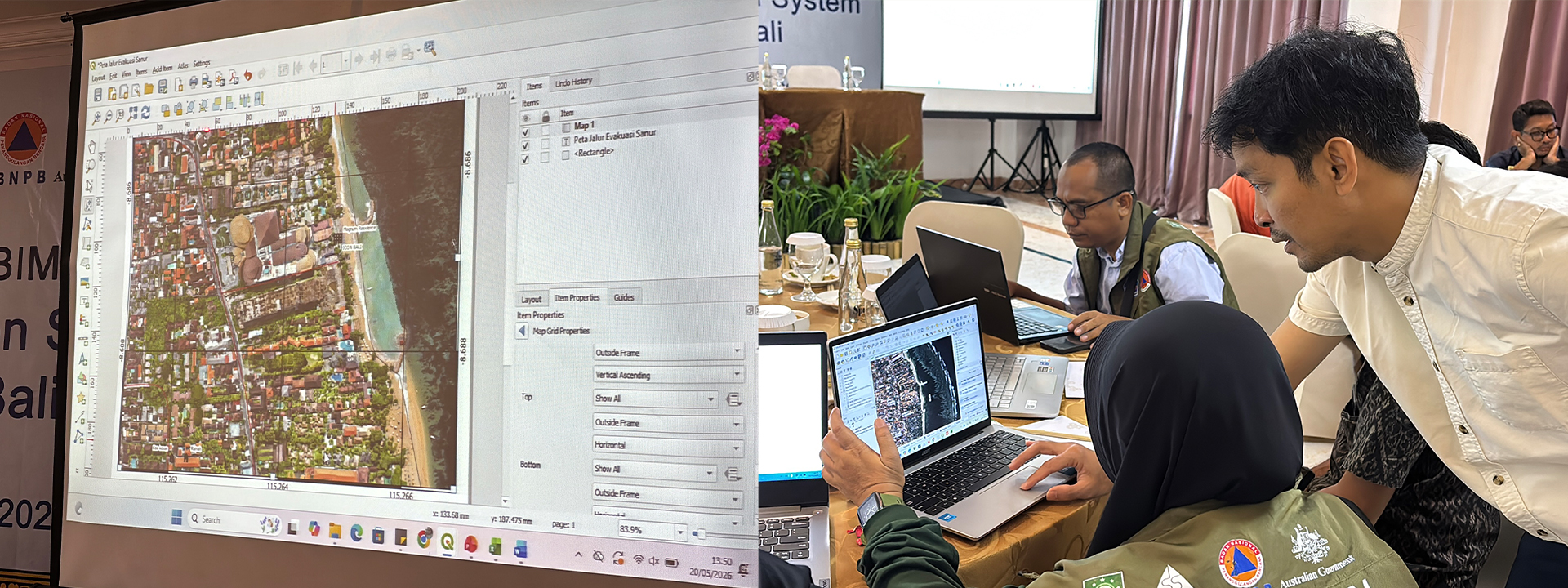 Using drone images from the DroneTM exercise, participants developed clear, actionable maps in QGIS. | Photo: Diah Pramesti / SIAP SIAGA