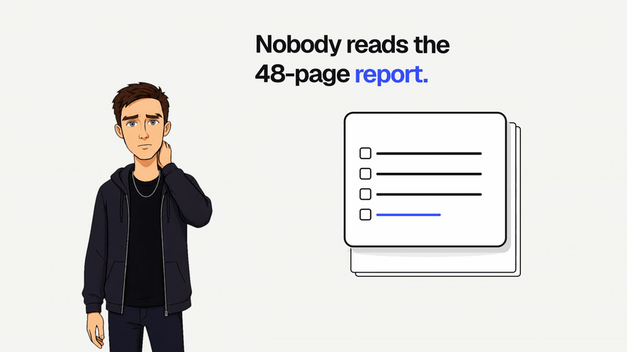 motion-film demo: a report nobody reads becomes a film, written in code by an agent, scored by a critic and rendered 4.3× faster