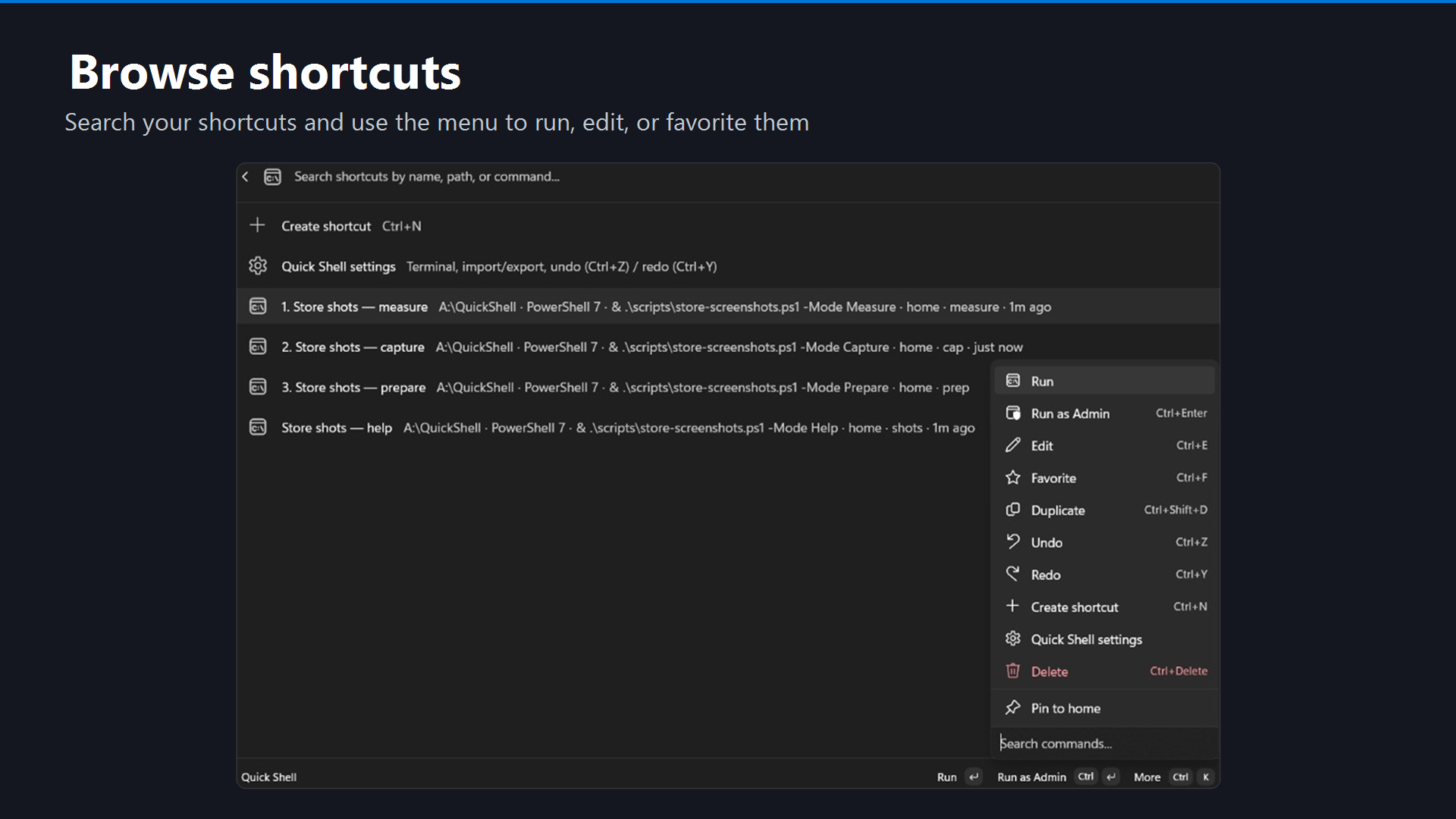 Quick Shell shortcut list with context menu open