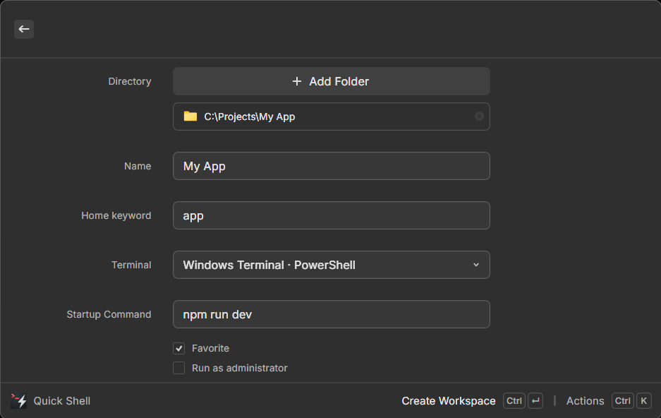 Raycast Create Workspace form with directory auto-fill