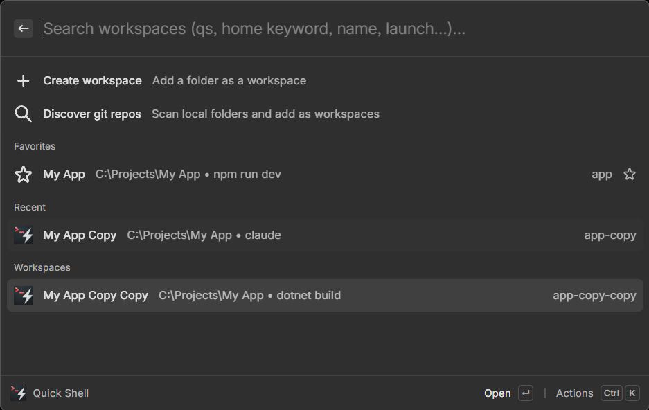 Raycast Create Workspace form with links fields