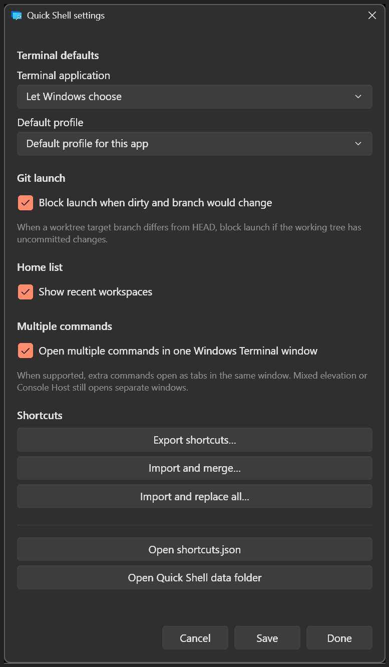 Quick Shell PowerToys Run settings window