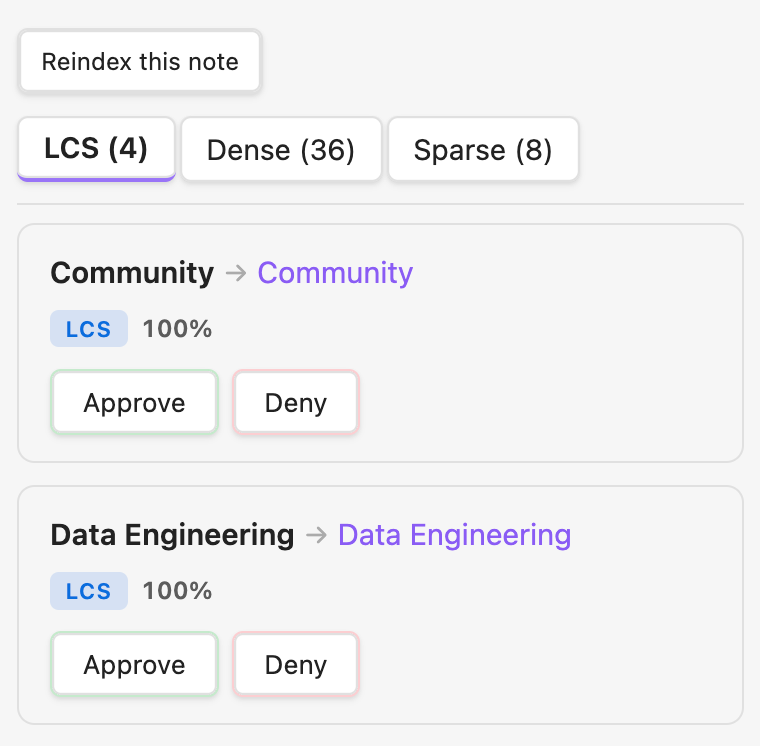 Approval sidebar showing exact-match link suggestions