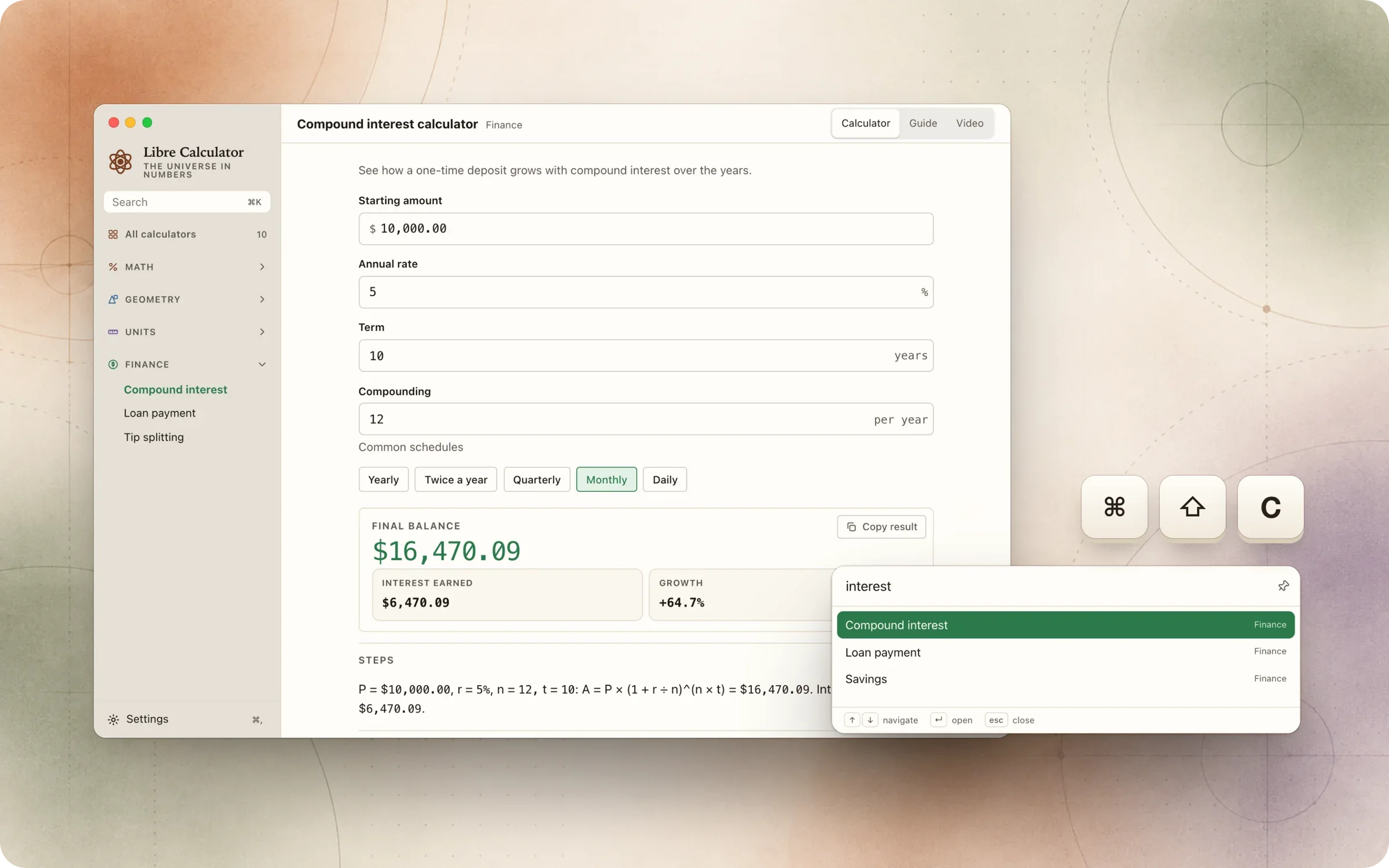 The Libre Calculator desktop app showing the compound interest calculator, with the quick panel open over it after pressing Command Shift C