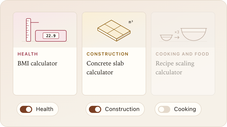 Calculator tiles for health, construction and cooking, each with a pack switch