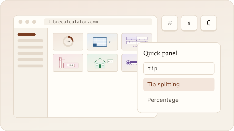 The website in a browser window next to the desktop quick panel and its keyboard shortcut