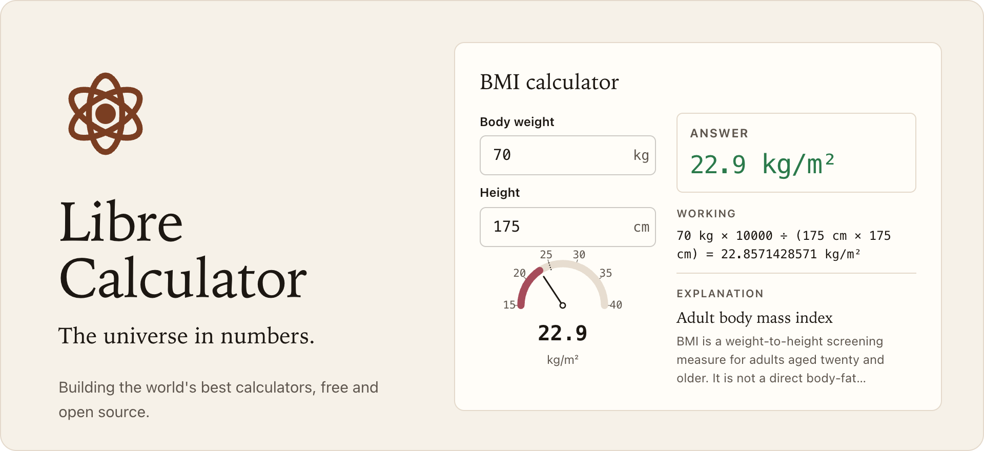 Libre Calculator, the universe in numbers. A BMI calculator with its answer, steps, gauge and lesson.