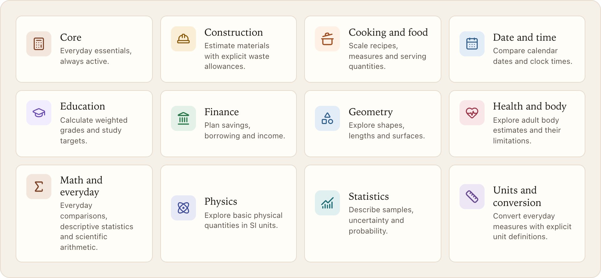 The calculator packs, each with a short description