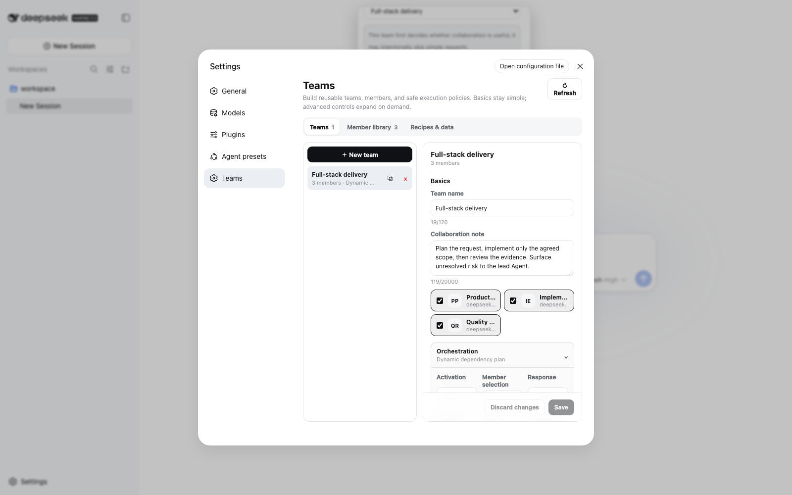 Manage a persistent multi-model team in DeepSeek Harness Settings