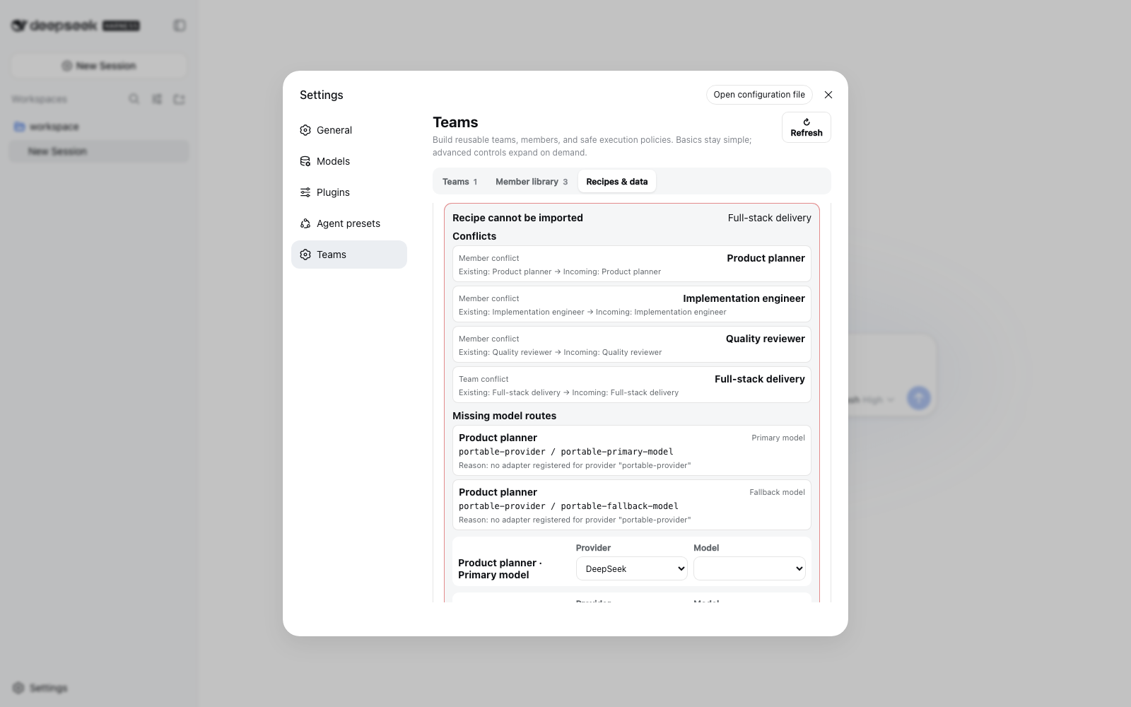 Preview a recipe, conflicts, affected teams, and primary/fallback route remapping