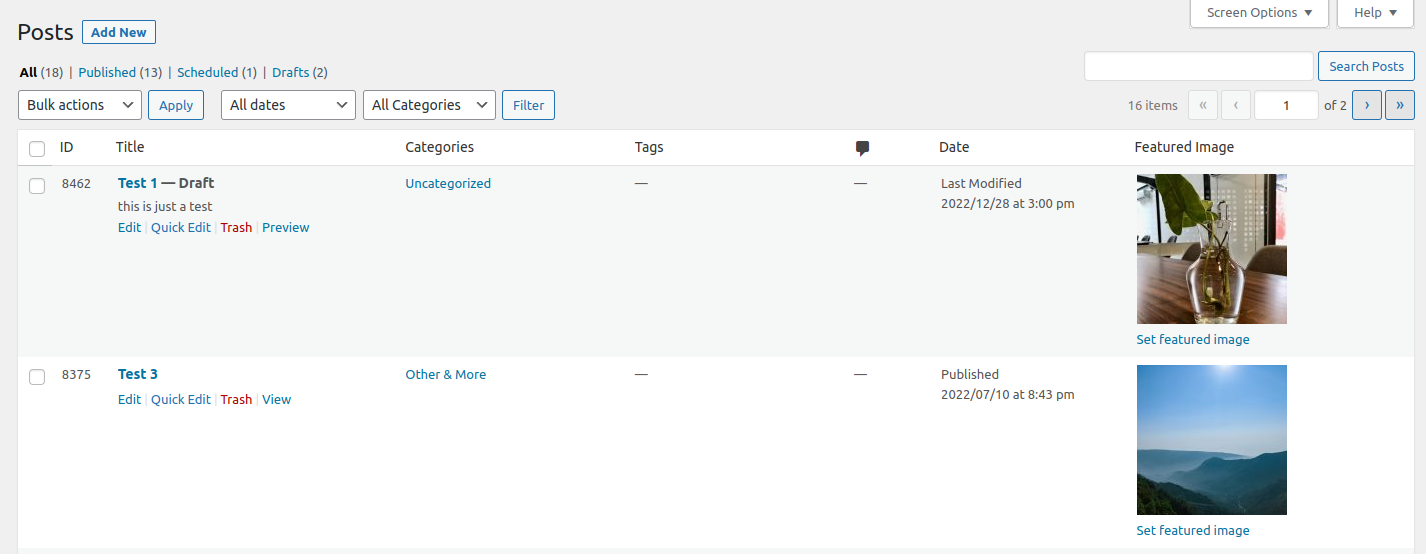 Post list with with ID column.