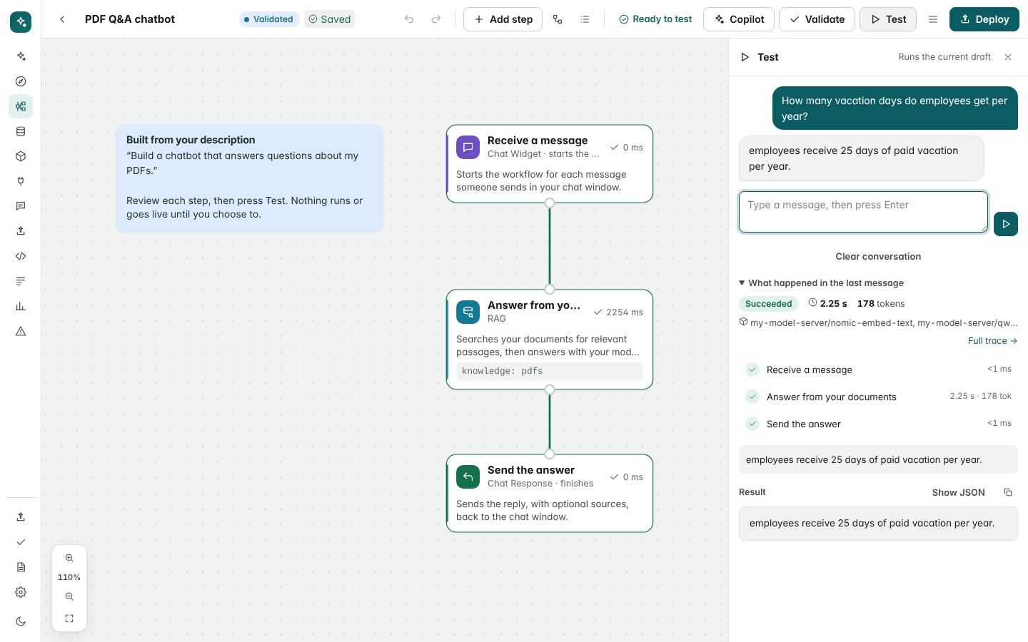 Jasmine's builder testing a three-step workflow that answers questions about a PDF, with each step's result shown.