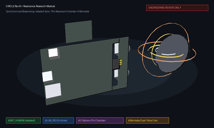 A rotating concept render of CIRCLE's planned Rev B hardware geometry, labelled engineering review only; not footage of a device.