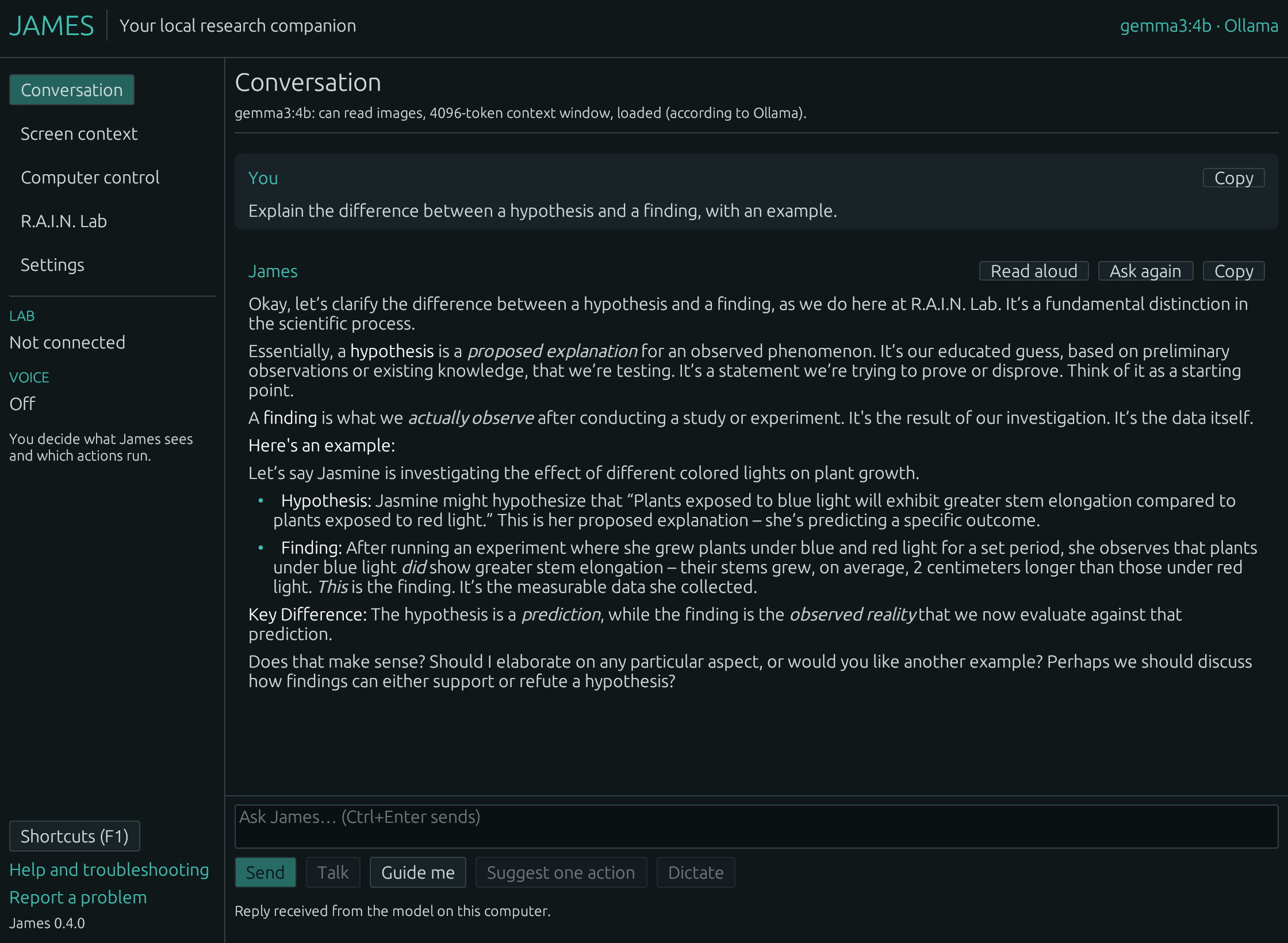 James, a desktop app, answering a question about hypotheses and findings with a formatted reply; the title bar shows a Gemma 3 4B model served by Ollama on the same computer.