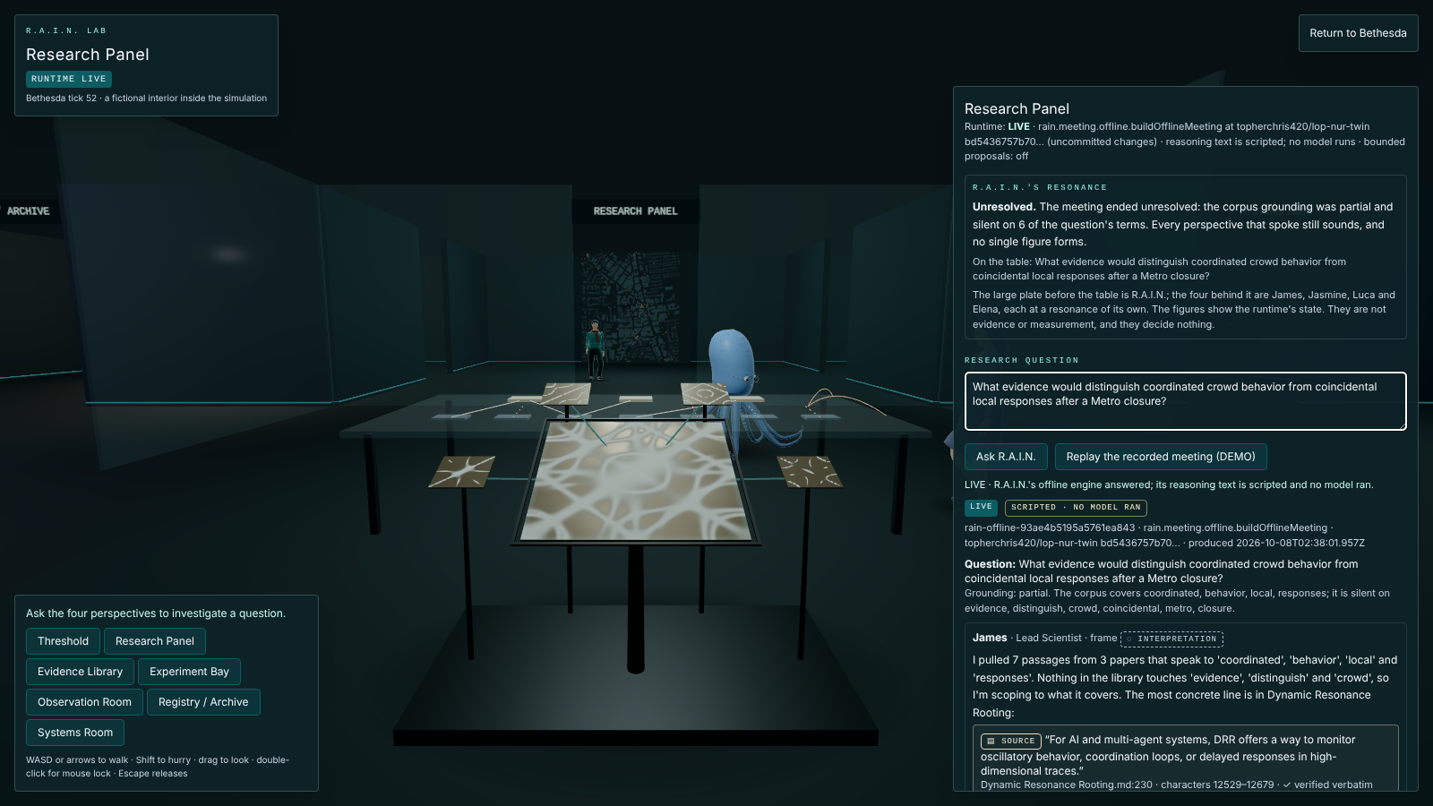 The R.A.I.N. Lab research panel in a simulated city: four research perspectives in a scripted offline meeting, each quoting a source.