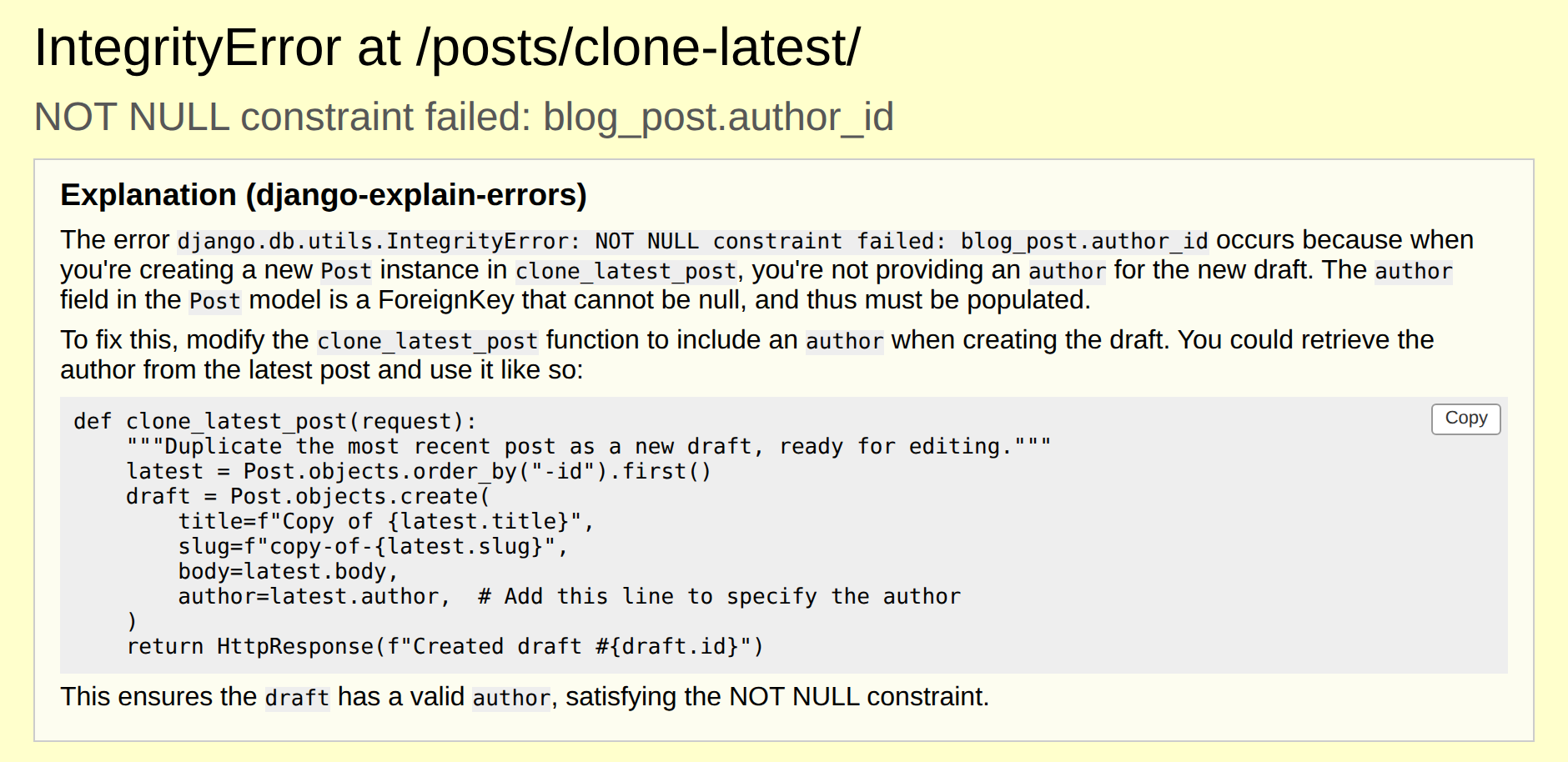 Django debug page with the explanation banner under the exception headline