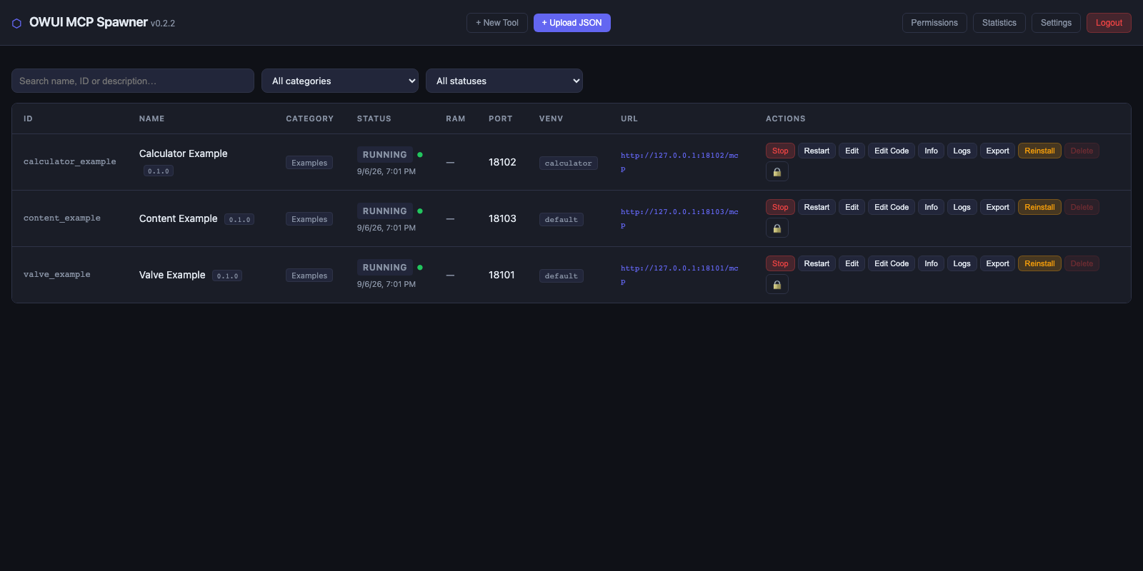 Dashboard with three local example tools