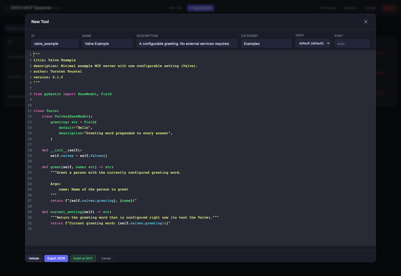 Installing the Valve example in the tool editor