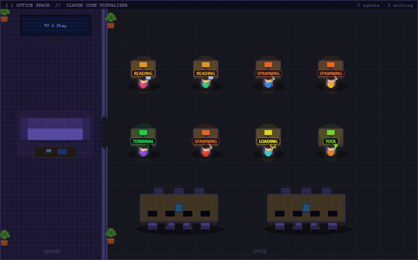 Claude Code Agent Visualizer office-space theme
