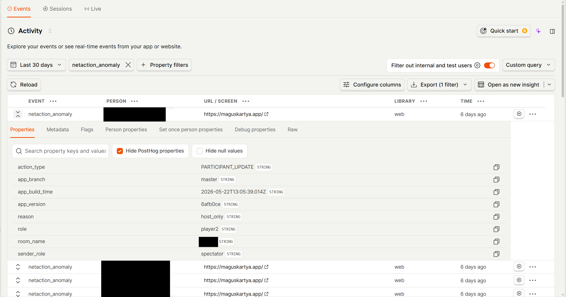 A single <code>netaction_anomaly</code> event in PostHog. The property breakdown is the diagnosis in one screen: <code>action_type: PARTICIPANT_UPDATE</code>, <code>reason: host_only</code>, <code>sender_role: spectator</code>. Every guest join produced the same shape.