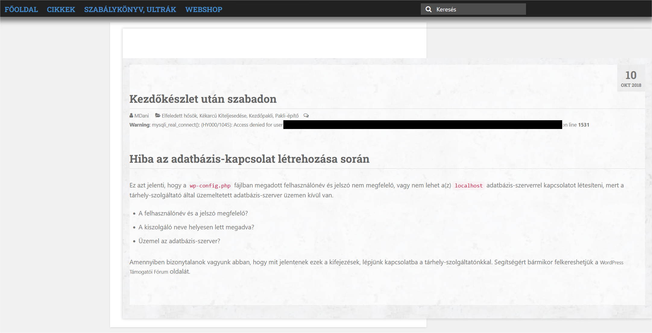 An article page on the 2004 portal: below the title, a PHP warning and WordPress's database-connection error stand where the article body should be.