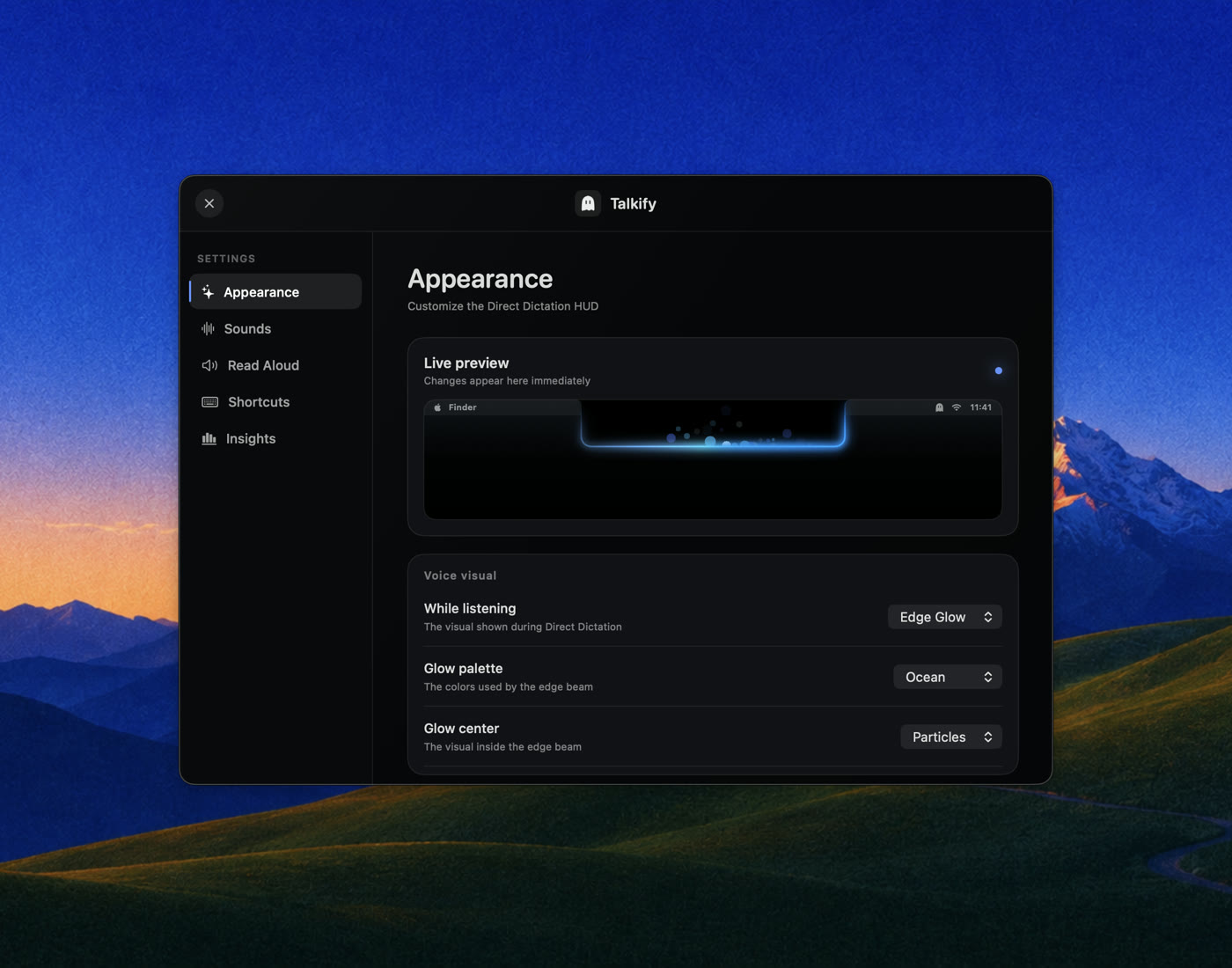 Settings: Appearance, with a live HUD preview