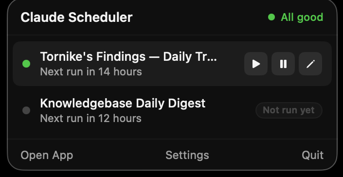 Menu bar popover with task states and quick actions