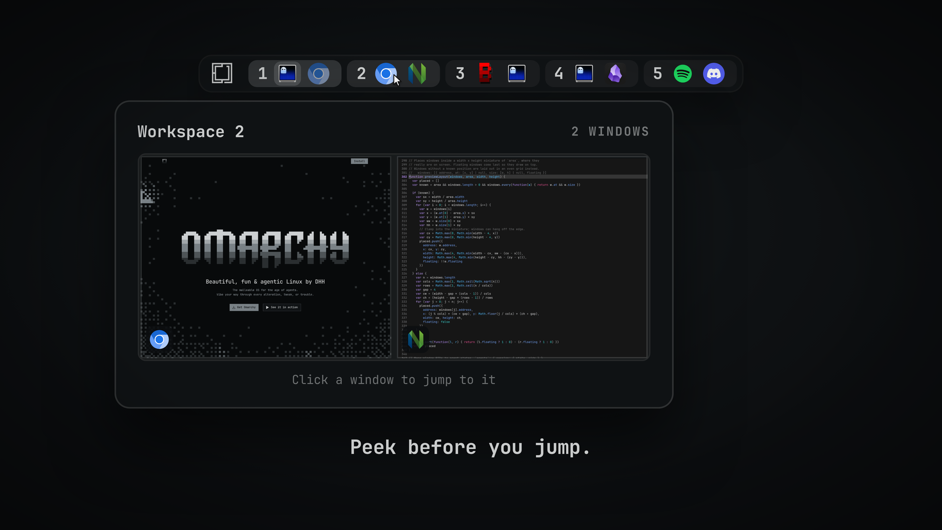 Hovering workspace 2 opens a live preview with omarchy.org and Neovim side by side