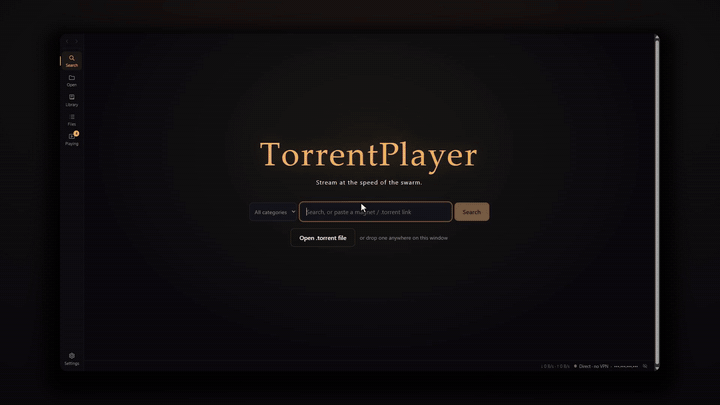 Demo at normal speed: searching for Sintel, pressing Play on the best pick, and skipping around while the queue downloads in the background