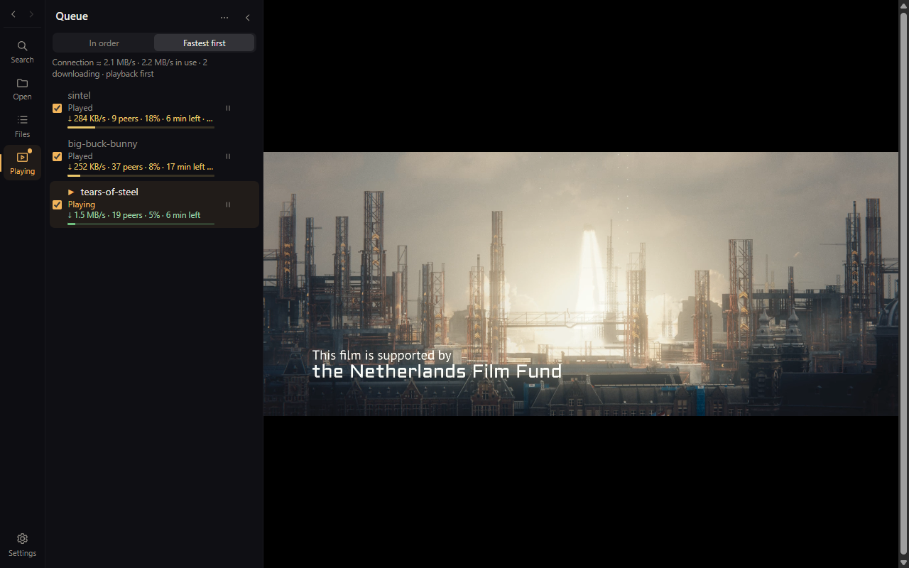 TorrentPlayer playing a film while the rest of the queue downloads in the background, each row showing its speed, peers, progress, and time left