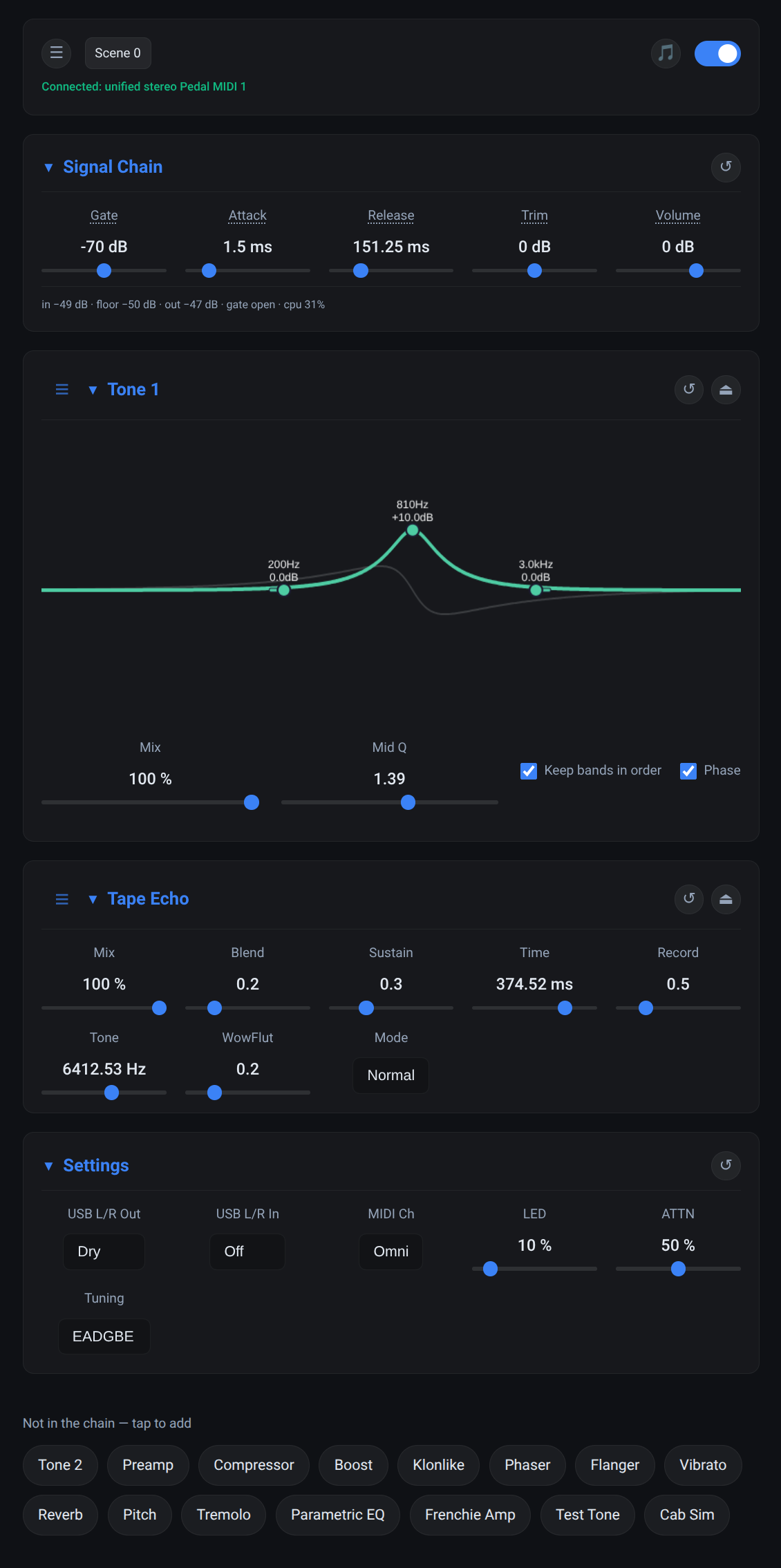 The WebMIDI app with a tone control and a tape echo routed