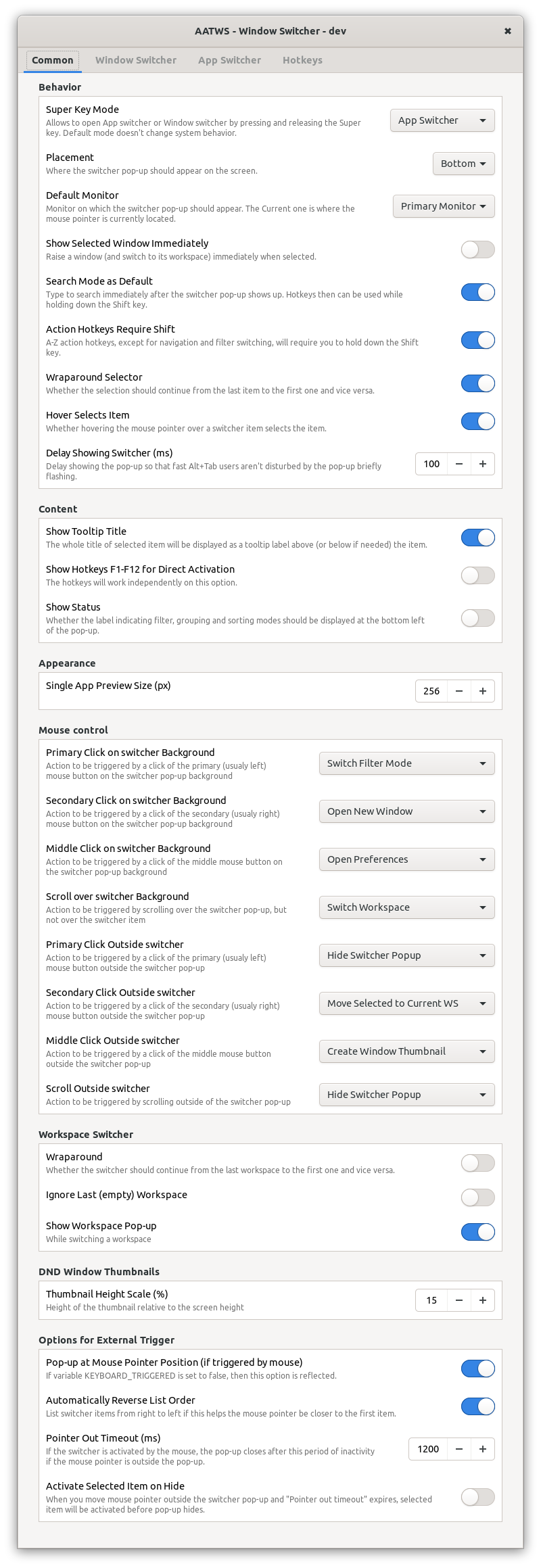 Extension configuration window