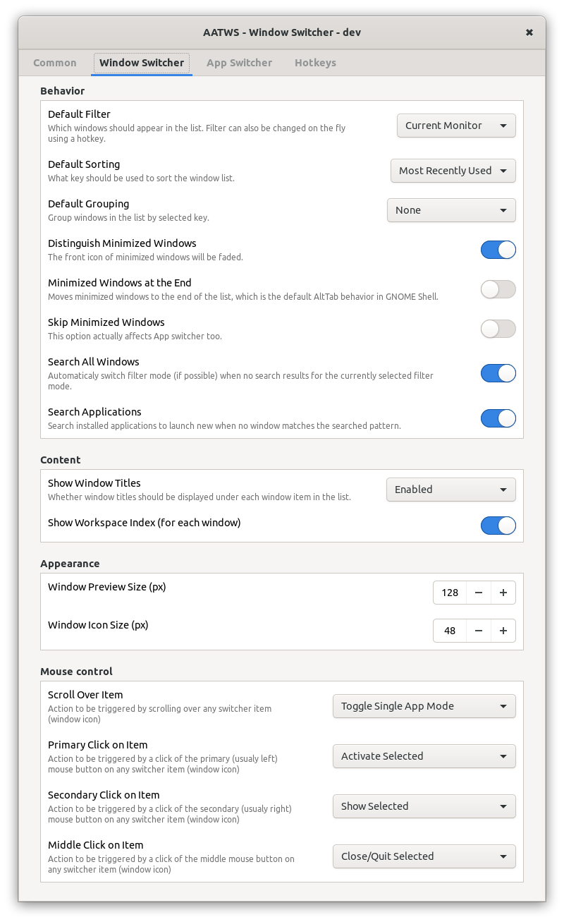 Extension configuration window