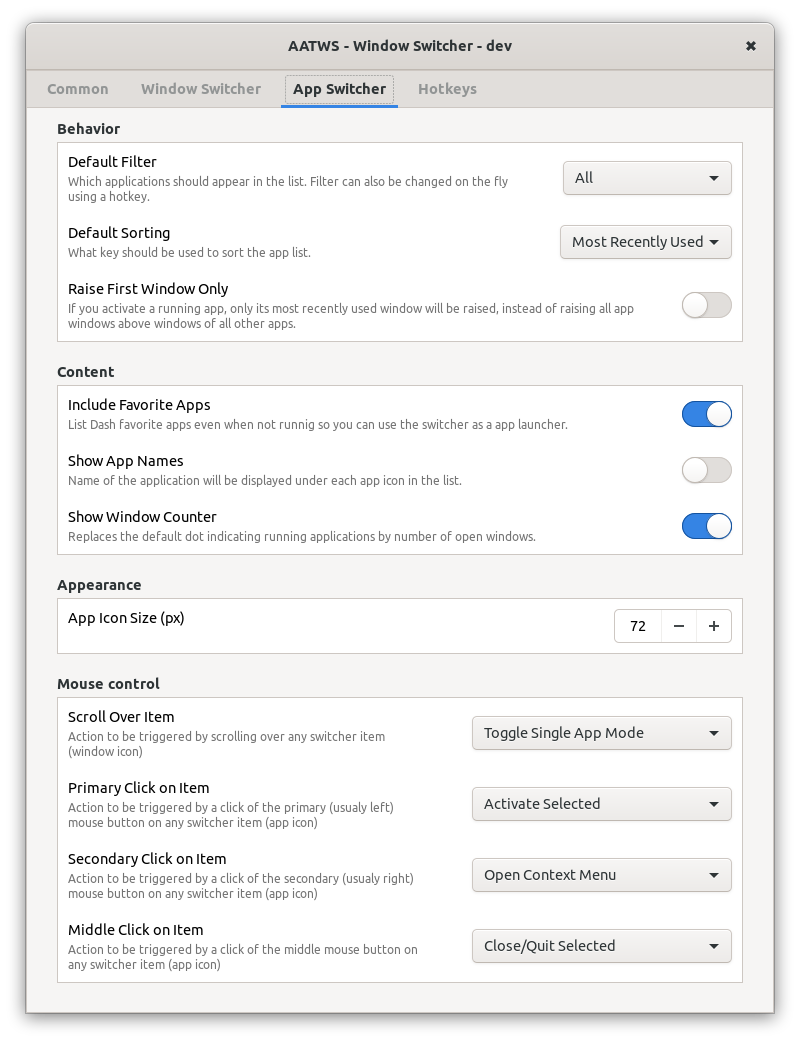 Extension configuration window