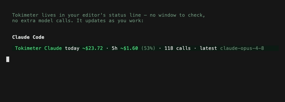 Tokimeter status-line HUD inside Claude Code and Codex, showing today's spend and 5-hour-window usage with a budget warning appearing in place