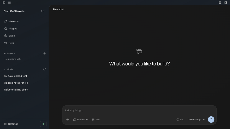 Chat On Steroids in action: model selection, task plans, live tool results and reusable workers