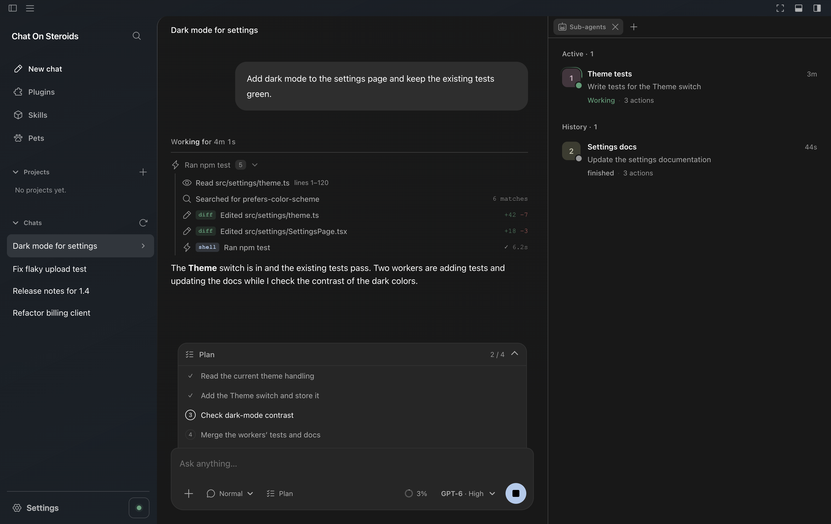 Chat On Steroids new-chat workspace with composer controls