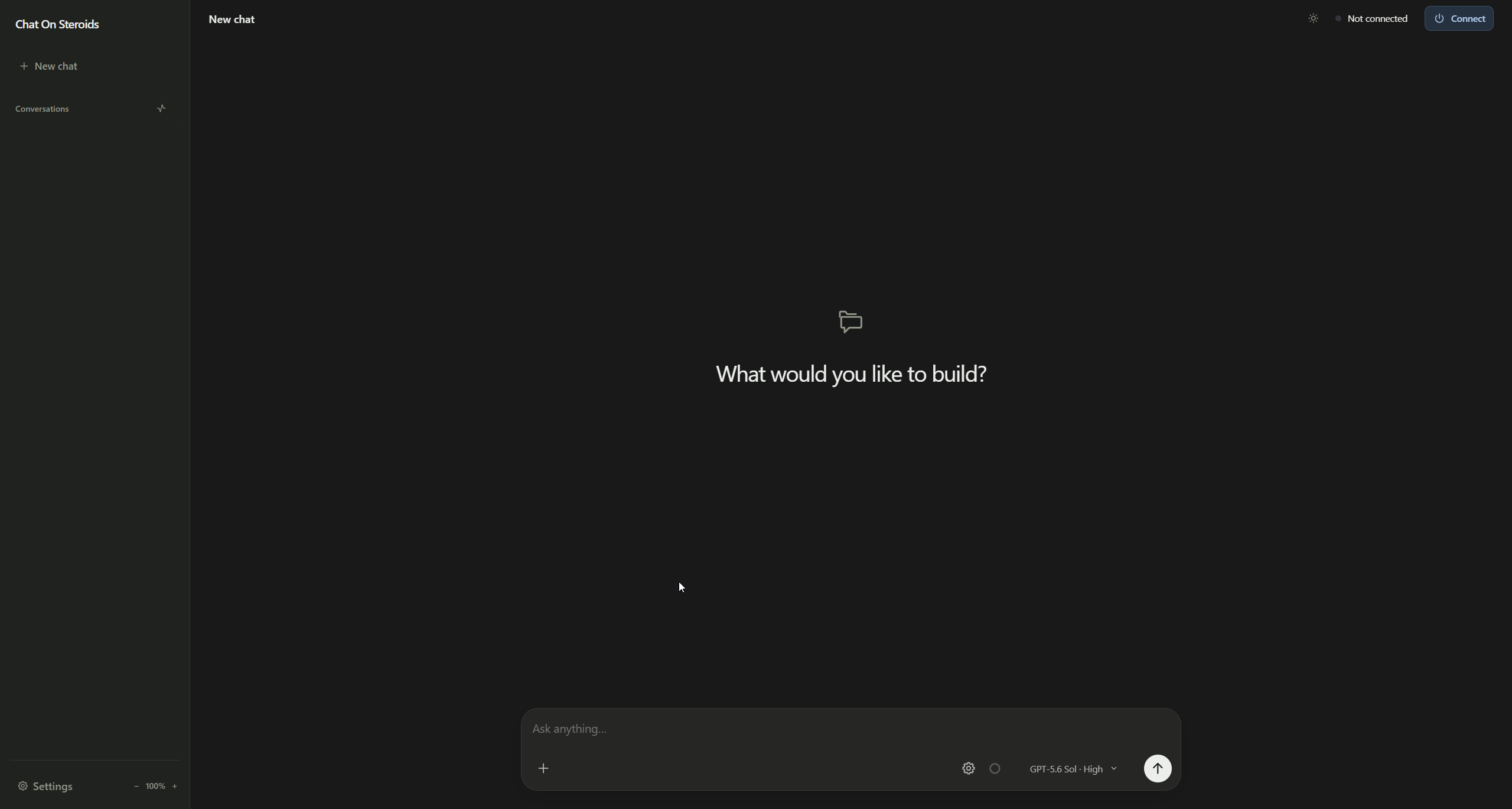 Chat On Steroids new-chat workspace with composer controls