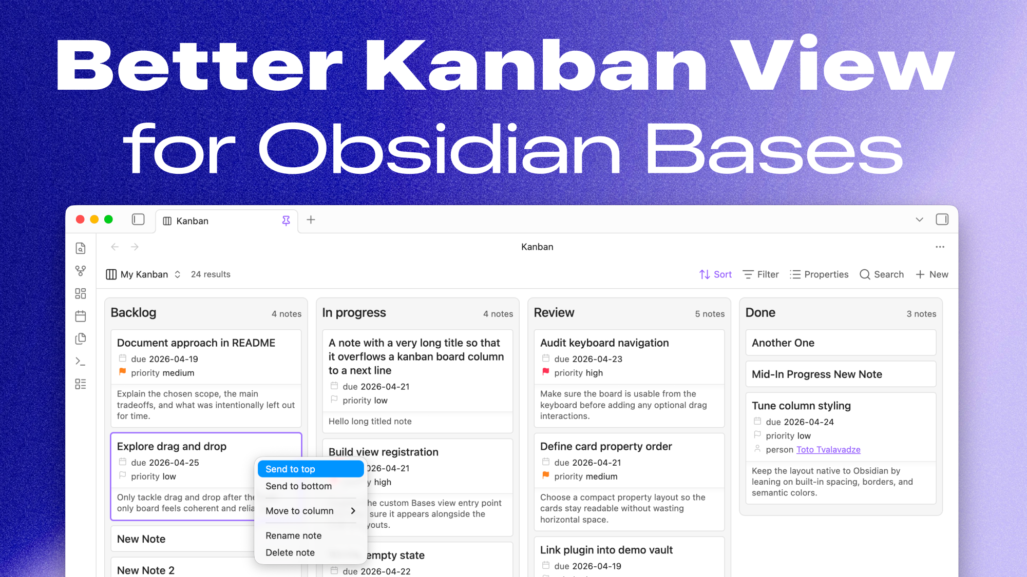 Better Kanban Bases View screenshot