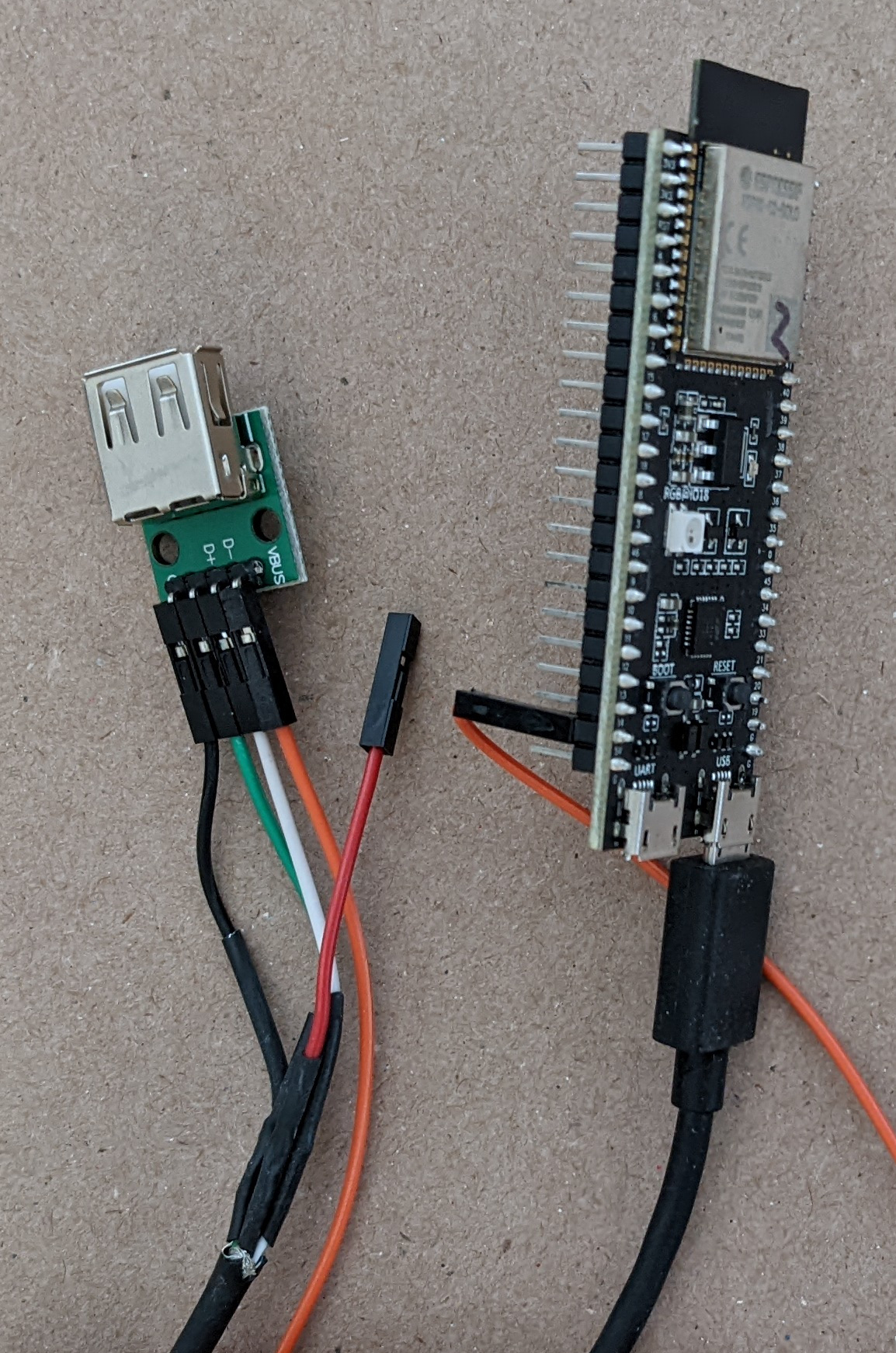 USB host cable connected to ESP32 S2 DevKitC