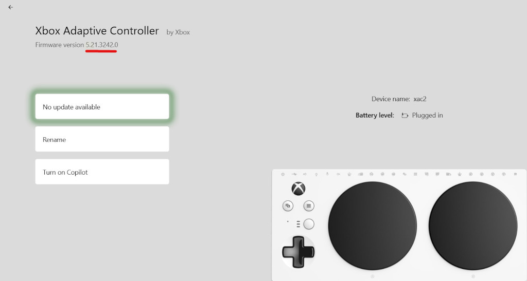 Screen shot of XAC firmware version