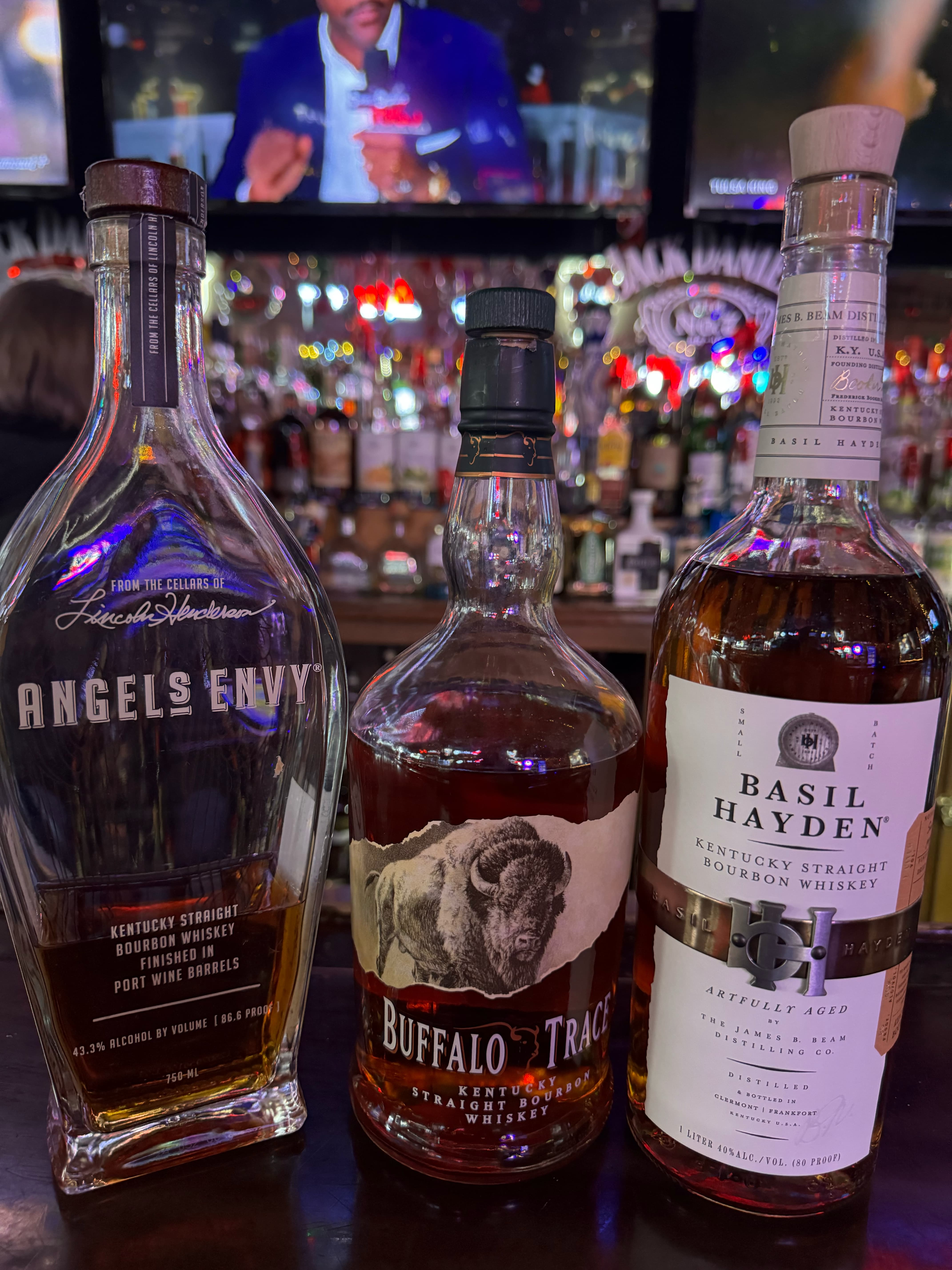 Angels Envy Buffalo Trace Basil Hayden whiskey bottles